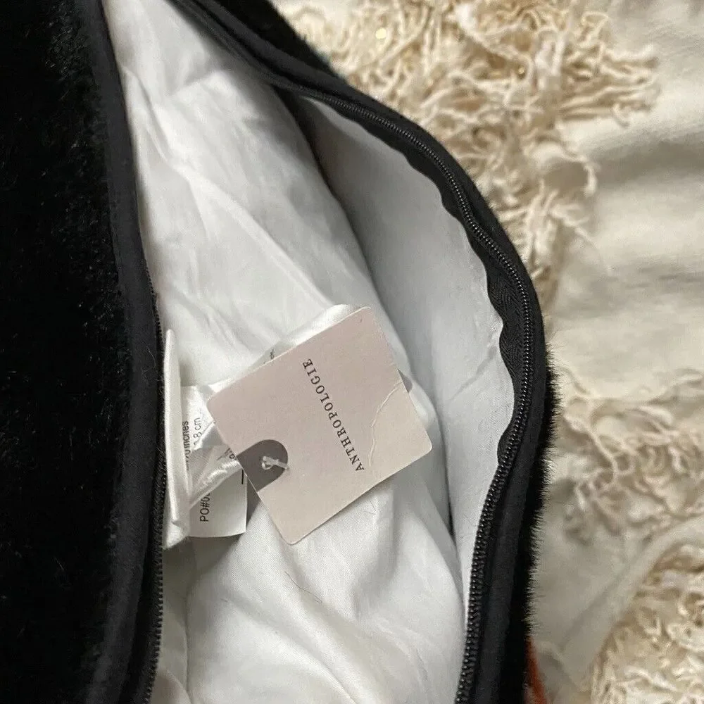 Anthropologie Flora Faux Fur Pillow Black Floral Pattern 20